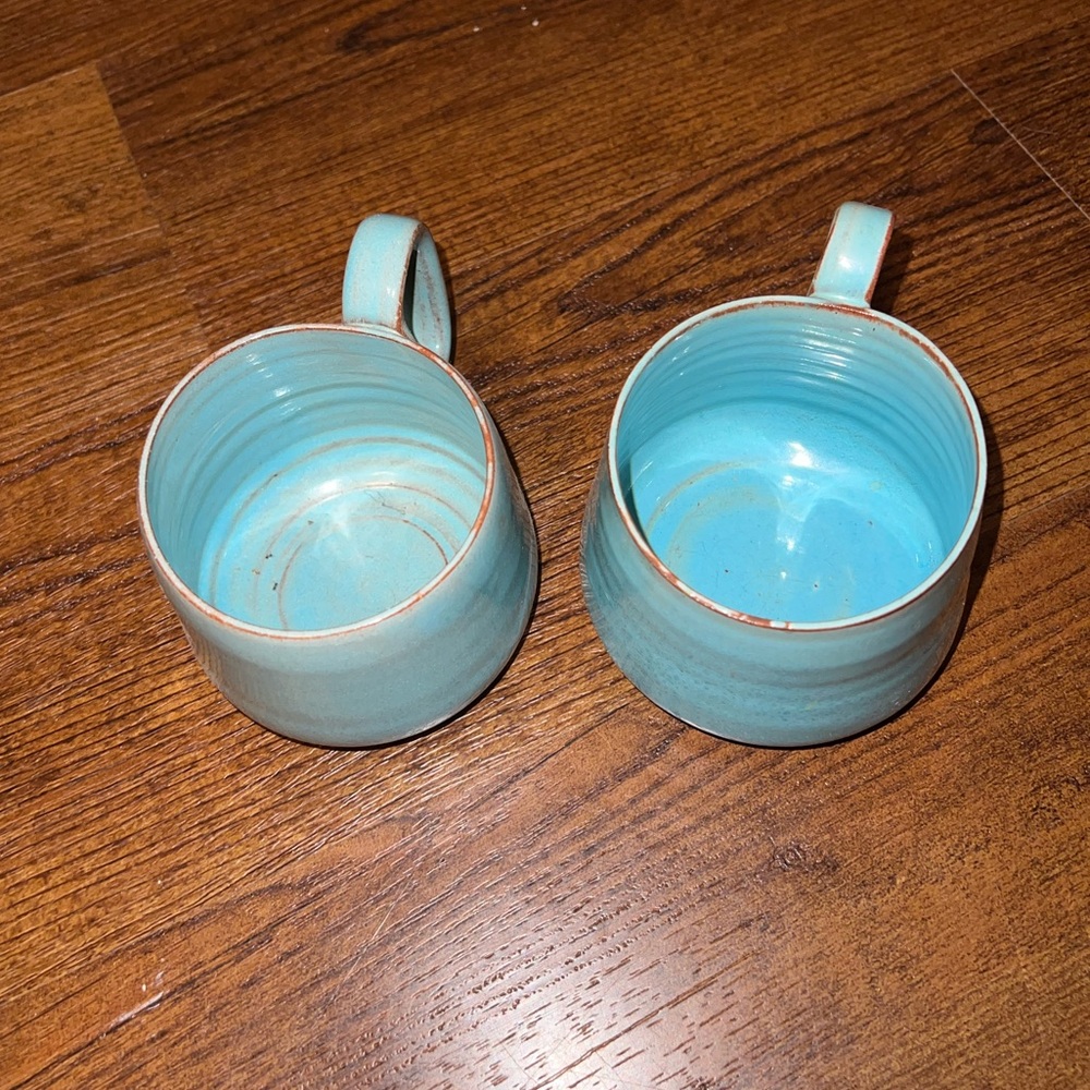 (2) Vintage Turquoise Glazed Ceramic Stoneware Pottery Small Rustic Decor Mugs - Picture 3 of 8